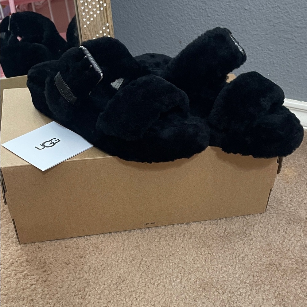 UGG Black Fluffy Sandals